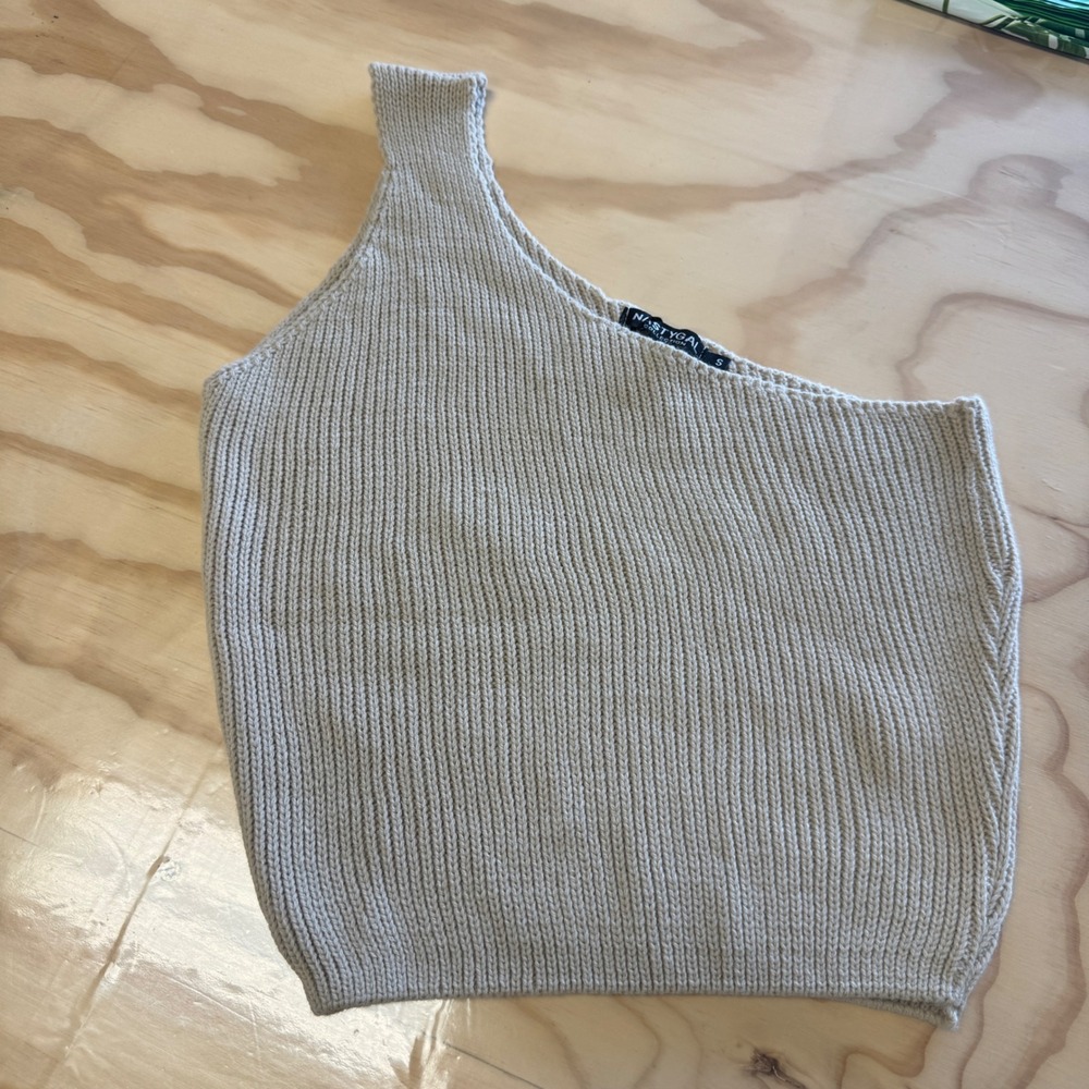 NWT Nasty Gal Collection One Shoulder Knitted Lounge Top Oatmeal Beige Small